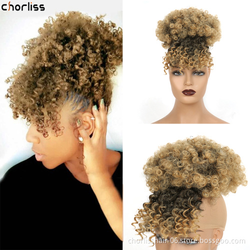 Hot Sale Ombre Chignon With Bangs Kinky Curly Bun Hairpieces Short Afro Fluffy Puff Synthetic Hair Extensions For Black Woman